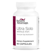 Bariatric Advantage Ultra Solo Without Iron bottle front highlights gluten-free, once-daily nutrition for post-op needs.