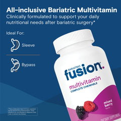 Close-up of Bariatric Fusion chewable tablets with mixed berry flavor.