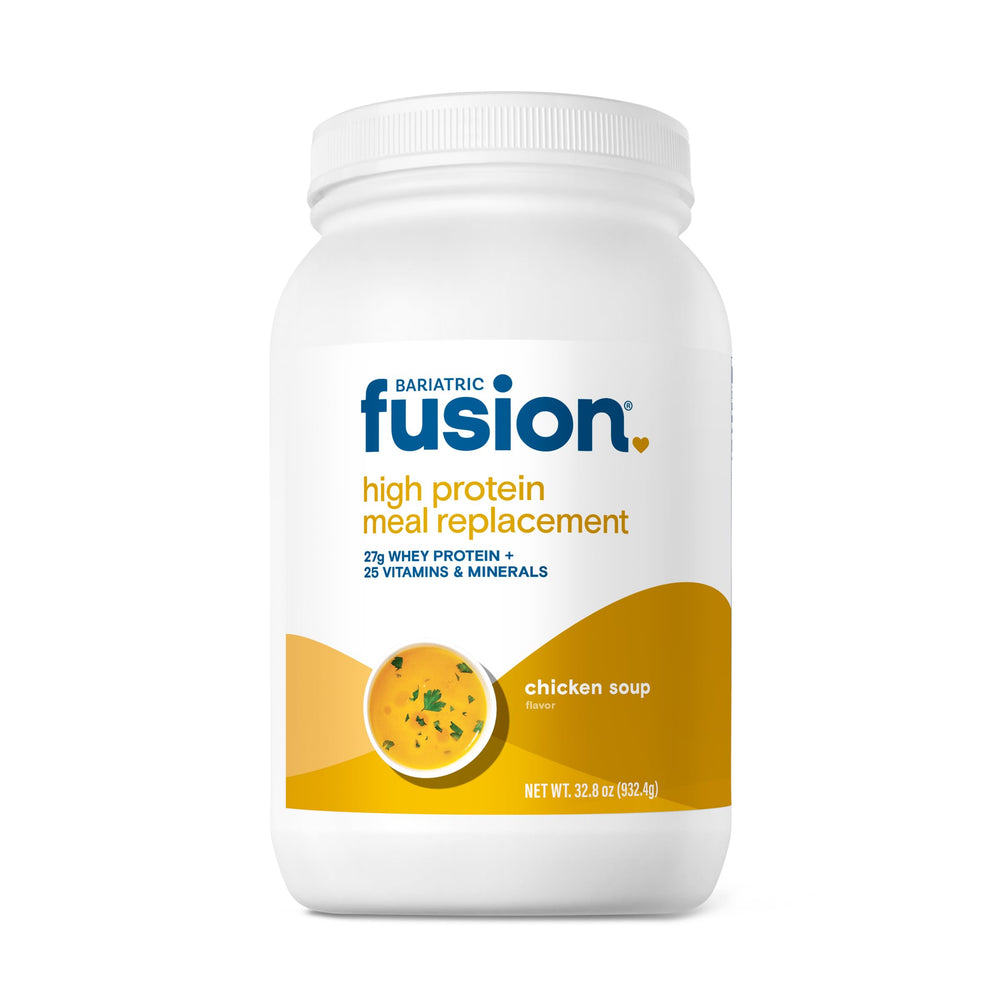 Bariatric Fusion Chicken Soup Meal Replacement tub front label highlights 27g protein per serving.