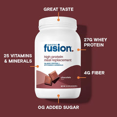 Bariatric Fusion protein tub with label highlighting 27g whey protein per serving.