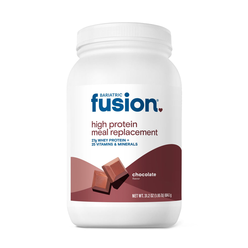 Bariatric Fusion chocolate shake served in a glass, smooth post-surgery meal replacement.