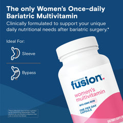 Bariatric Fusion One Per Day bottle back showing iron and probiotic blend for digestion