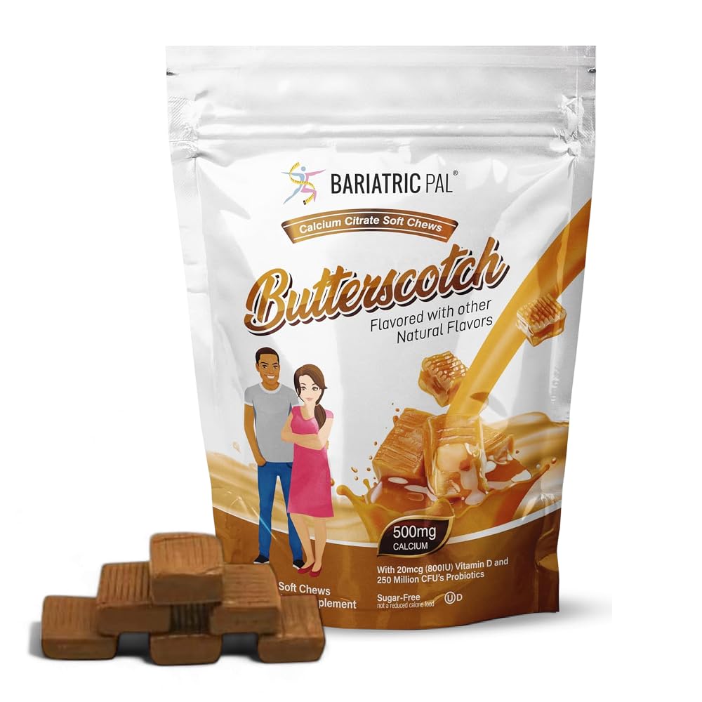 BariatricPal sugar-free calcium citrate soft chews bottle shows butterscotch flavor for post-op support.