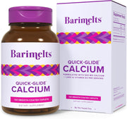 Barimelts Quick-Glide Calcium bottle on a clean counter signaling gentle, easy swallowing
