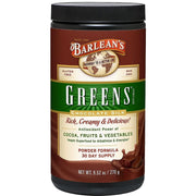 Barlean's Chocolate Greens powder in a jar ready for a daily greens boost.