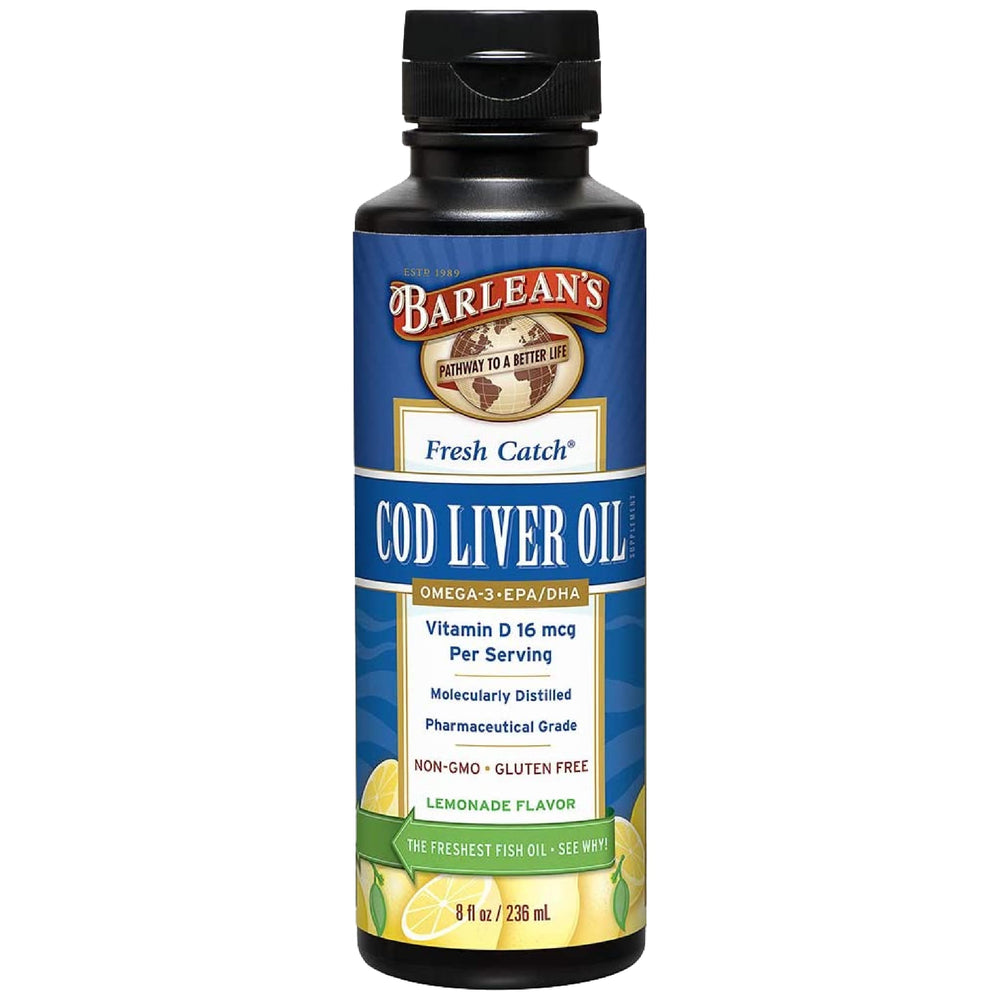 Barlean's Cod Liver Oil bottle lemonade for daily omega-3 intake.