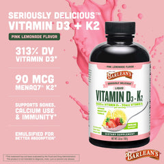 Close-up of Barlean's D3+K2 Pink Lemonade label highlighting ingredients
