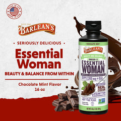 Closeup of Barlean's Essential Woman bottle label for vegan, non-GMO formula