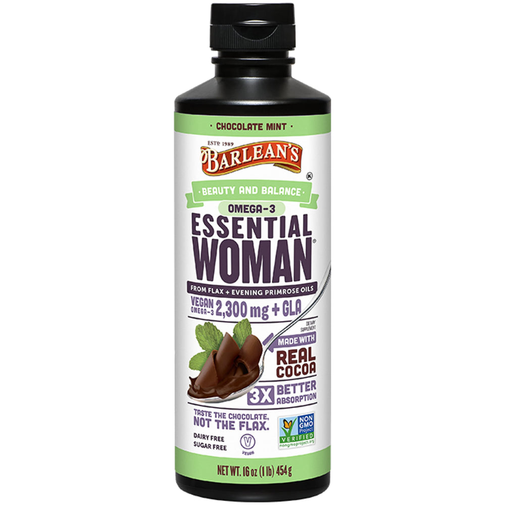 Barlean's Essential Woman chocolate mint bottle front, delicious daily supplement for balance