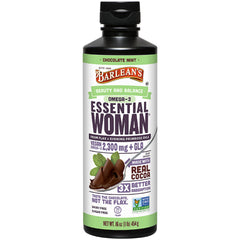 Barlean's Essential Woman chocolate mint bottle front, delicious daily supplement for balance