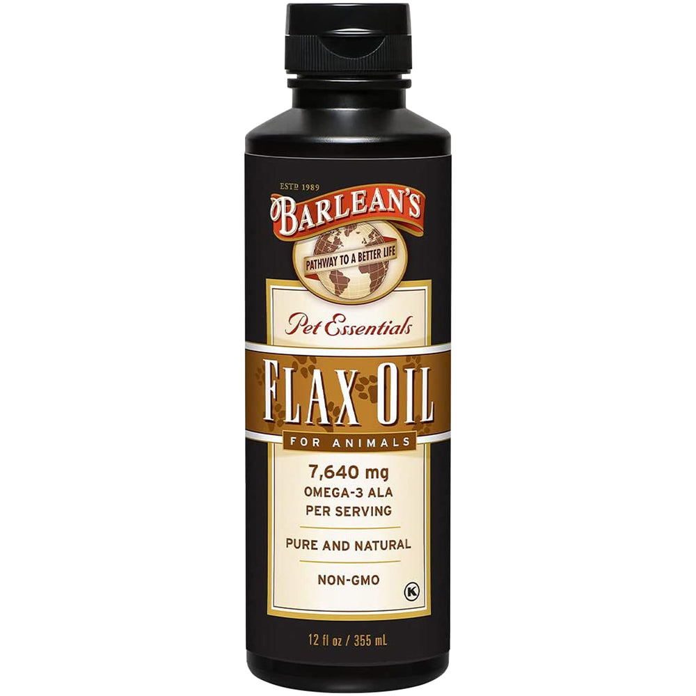 Barlean's Flaxseed Oil for Animals bottle pour shows easy dosing for pets