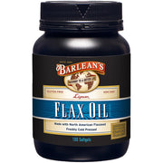 Barlean's flaxseed oil softgels bottle, amber glass, convenient daily omega supplement may support heart health.