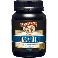 Barlean's flaxseed oil softgels bottle, amber glass, convenient daily omega supplement may support heart health.