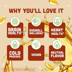 Vegan flaxseed oil bottle label highlights gluten-free and non-GMO ingredients.