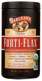 Barlean's Forti-Flax organic ground flaxseed in a resealable bag for easy meals.