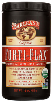 Barlean's Forti-Flax organic ground flaxseed in a resealable bag for easy meals.