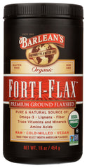 Barlean's Forti-Flax organic ground flaxseed in a resealable bag for easy meals.