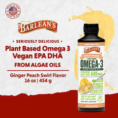 Barlean's Ginger Peach bottle front, non-GMO vegan algae oil for daily Omega-3.