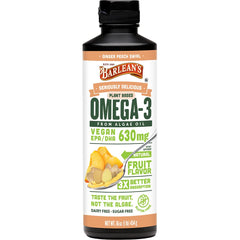 Barlean's Ginger Peach omega-3 oil being poured, may support heart and brain health.