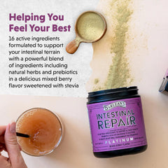 Barlean's Intestinal Repair berry powder being mixed into water.