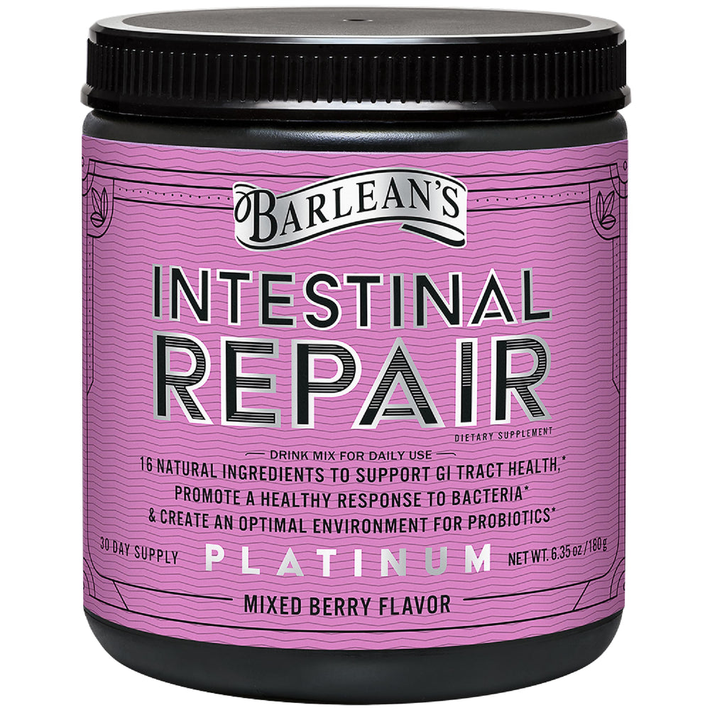 Barlean's Intestinal Repair bottle label highlighting gut support and berry flavor.