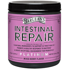 Barlean's Intestinal Repair bottle label highlighting gut support and berry flavor.