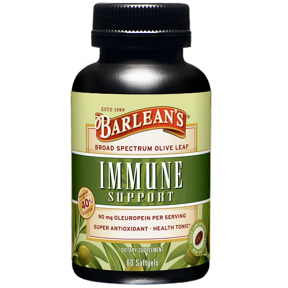 Barlean's Olive Leaf Complex bottle shown for immune support and antioxidant benefits.