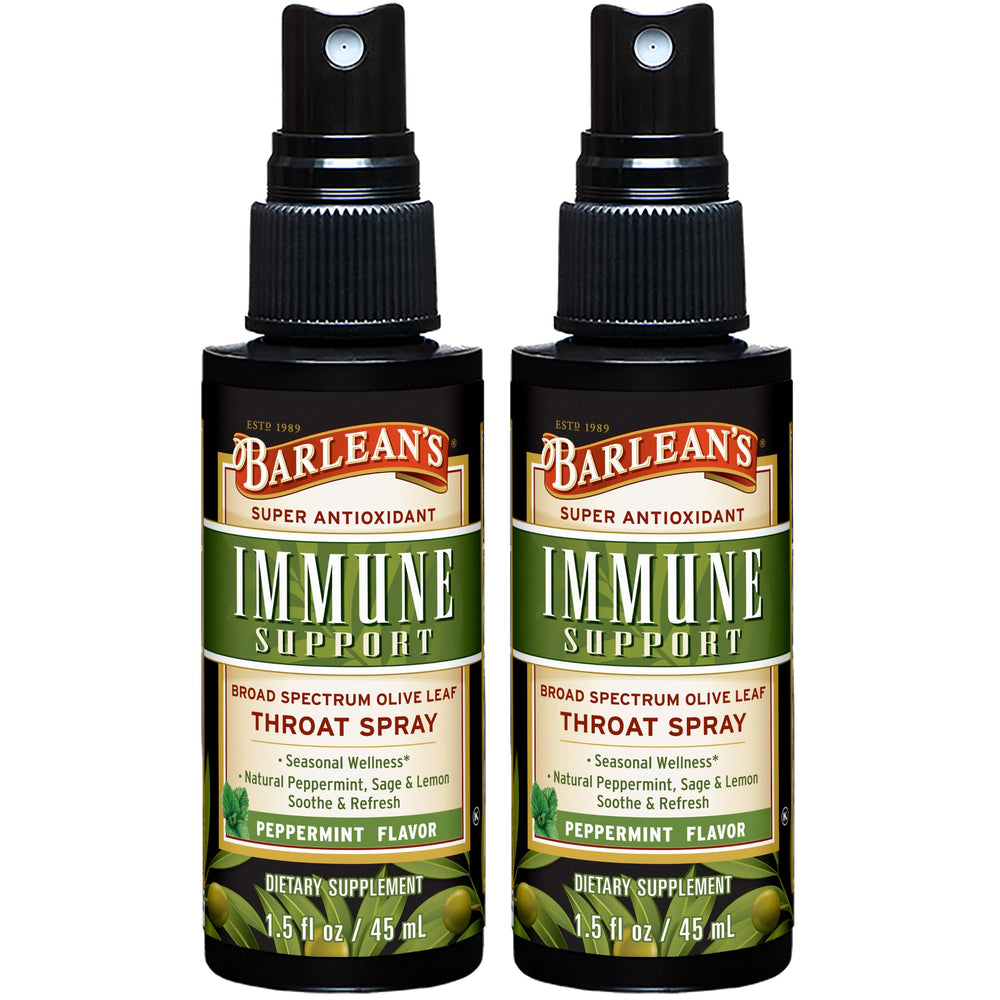 Barlean's Olive Leaf Complex Throat Spray bottle for convenient on-the-go throat relief.
