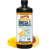 Barlean's Omega-3 Mango Peach liquid pour boosts EPA and DHA with tasty mango flavor