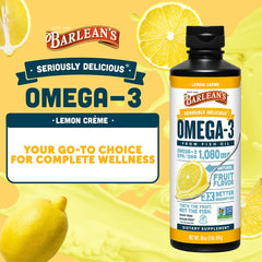 Barlean's Omega-3 Lemon Creme label highlights non-GMO and dairy-free ingredients.