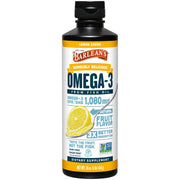 Barlean's Omega-3 liquid bottle showing smooth, kid-approved texture.