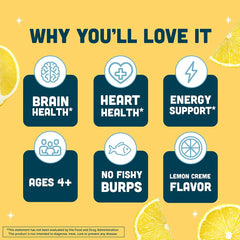 Barlean's Omega-3 serving on a spoon demonstrates burp-free, easy daily intake.