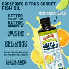 Measuring spoon beside Barlean's Omega-3 liquid for serving