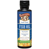 Barlean's Omega-3 liquid orange bottle on kitchen counter for easy daily supplementation.
