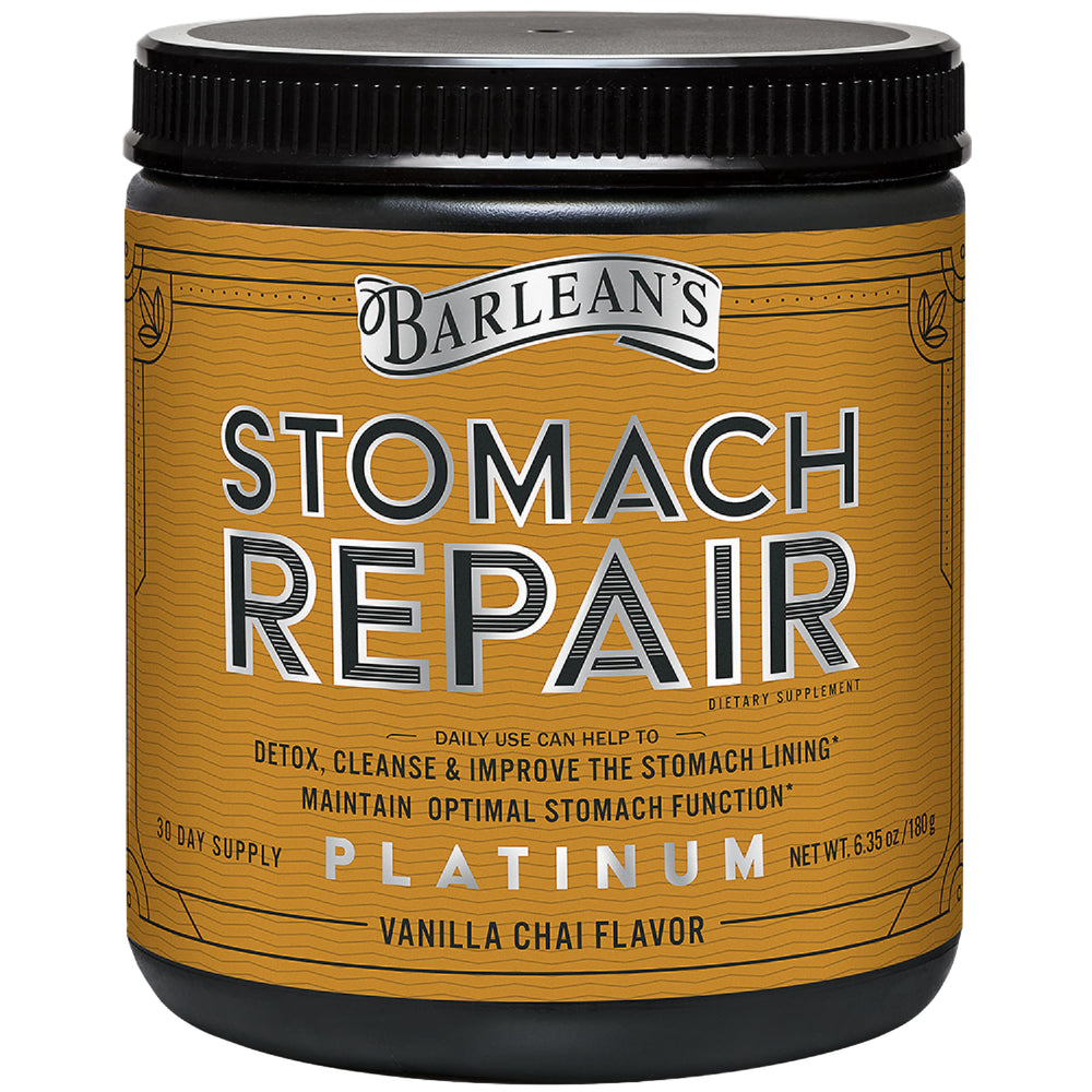 Barlean's Stomach Repair powder tub shown for convenient daily gut support.