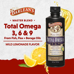 Barlean's Total Omega 3 6 9 lemon-flavored bottle shown for taste-friendly omega support