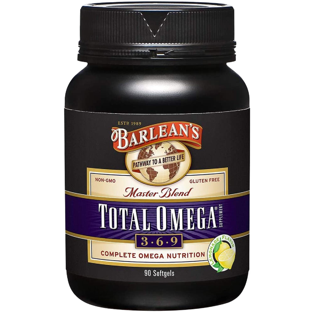 Barlean's Total Omega 3-6-9 bottle-front highlights a convenient daily omega blend.