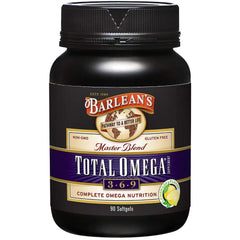 Barlean's Total Omega 3-6-9 bottle-front highlights a convenient daily omega blend.