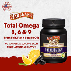 Barlean's Total Omega 3-6-9 label close-up emphasizes lemon flavor and third-party quality.
