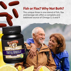 Barlean's Total Omega 3-6-9 lemon flavor softgels for easy daily intake.