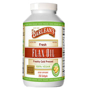 Barlean's vegan flaxseed oil softgels bottle shows 1,650 mg ALA per serving for daily Omega-3 intake.