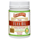 Barlean's Vegan Flaxseed Oil Softgels bottle on kitchen counter for daily omega support.