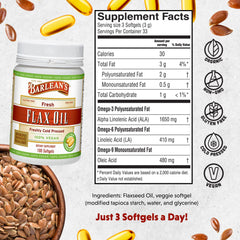 Barlean's Vegan Flaxseed Oil Softgels packaging highlighting cold-pressed vegan formula.