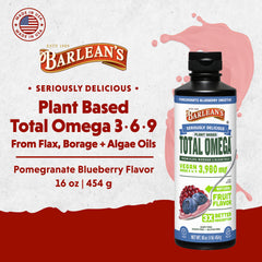Barlean's omega-3-6-9 pomegranate blueberry bottle highlights flavor for daily wellness.