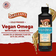Barlean's Vegan Omega label close-up showing flax and algae blend details.