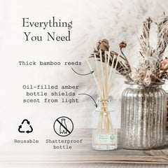 Refillable glass bottle protects oil from light for lasting fragrance.