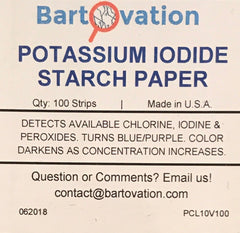 Bartovation test strips in a vial with color shift cue for chlorine and peroxide detection