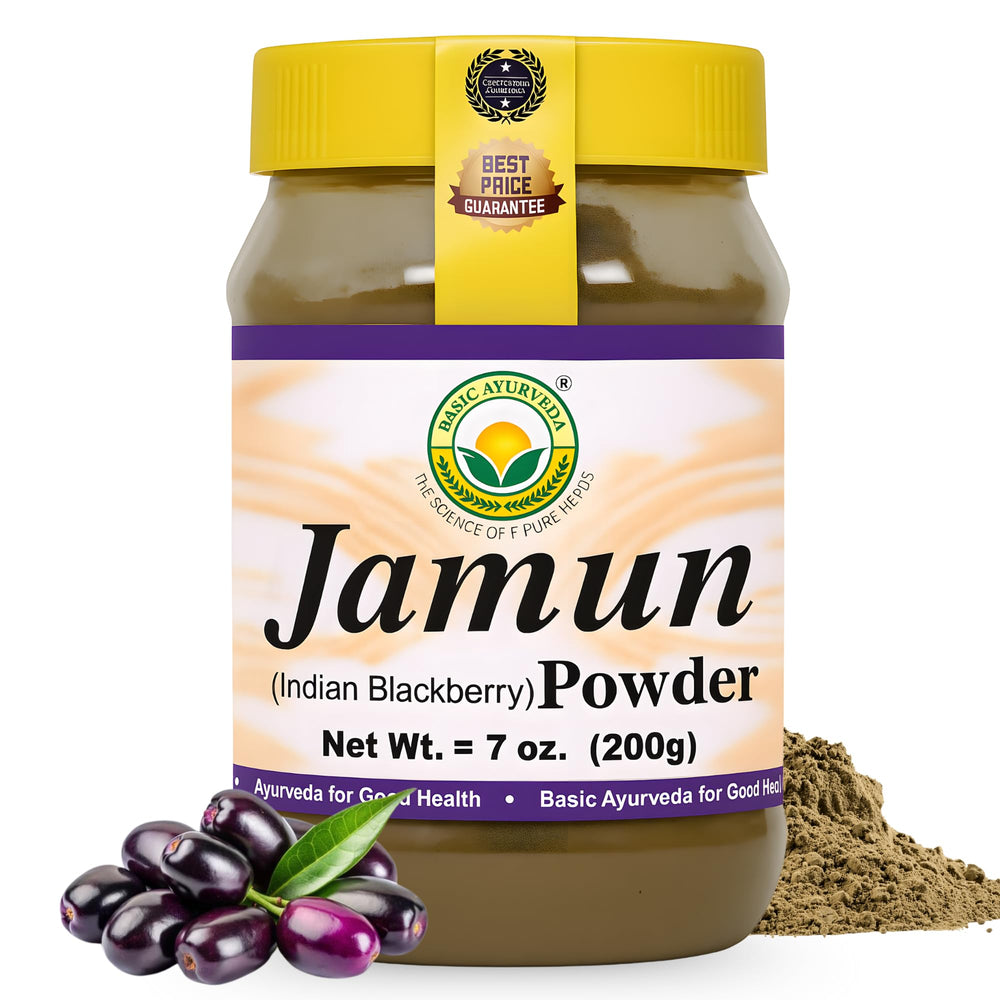 Basic Ayurveda Jamun powder bottle closeup highlighting antioxidant-rich fruit powder for smoothies.