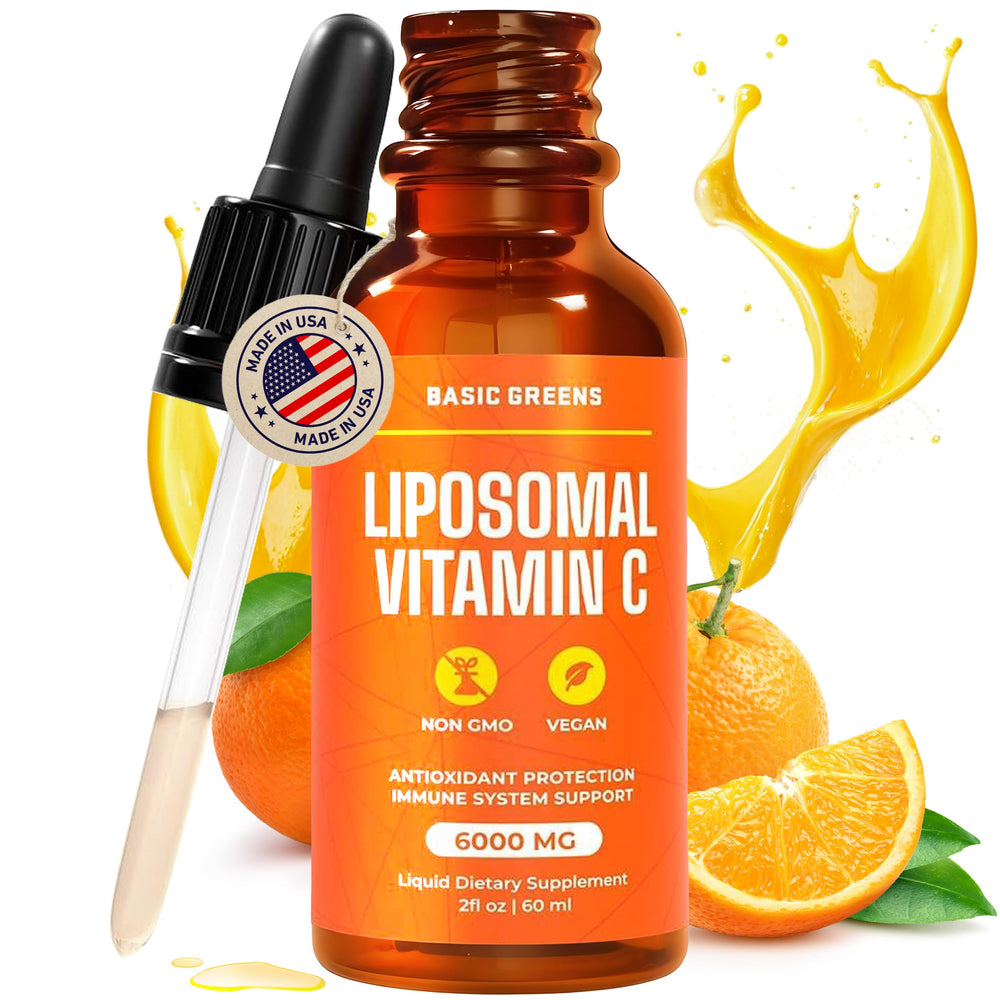 Basic Greens liposomal vitamin C 6000mg bottle highlighting premium immune support.