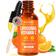Basic Greens liposomal vitamin C 6000mg bottle highlighting premium immune support.